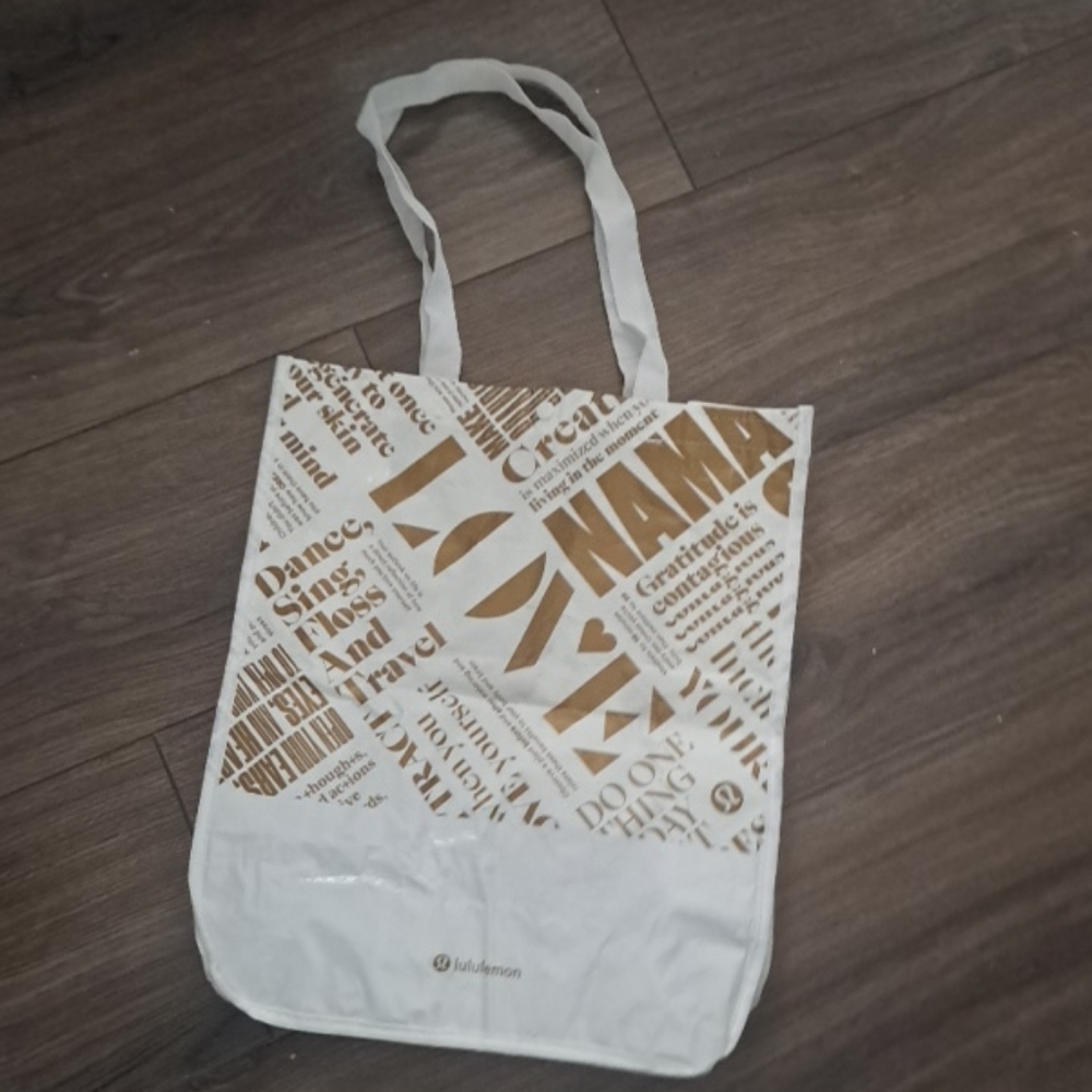 lululemon White and Gold Reusable Tote Bag